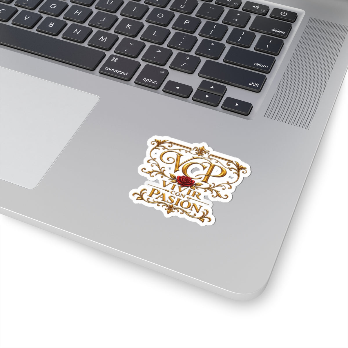 Kiss-Cut Sticker — "Vivir con Pasión" Gold Crest with Rose (Laptop, Planner, Gift)