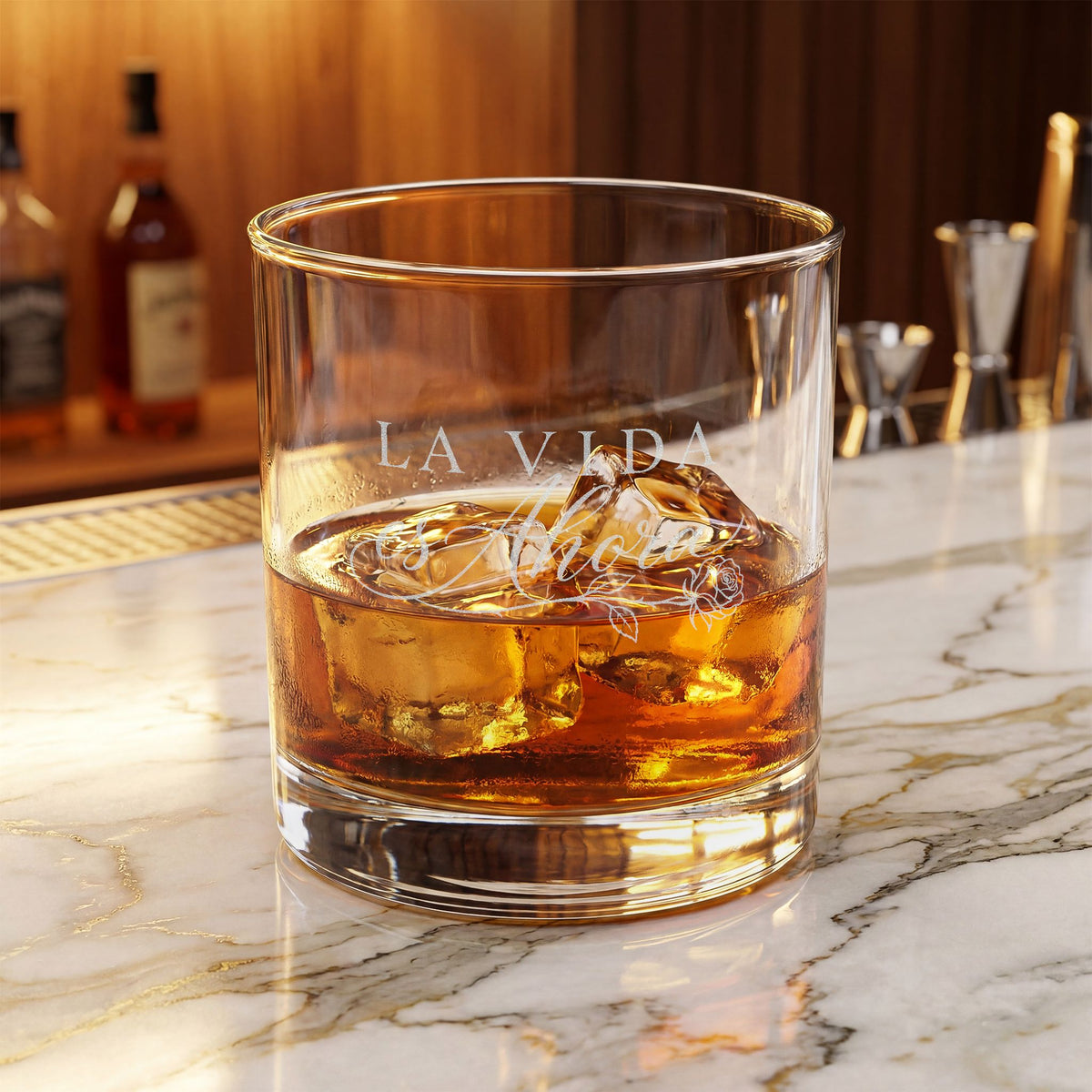 La Vida es Ahora Rose Engraved Whiskey Glass