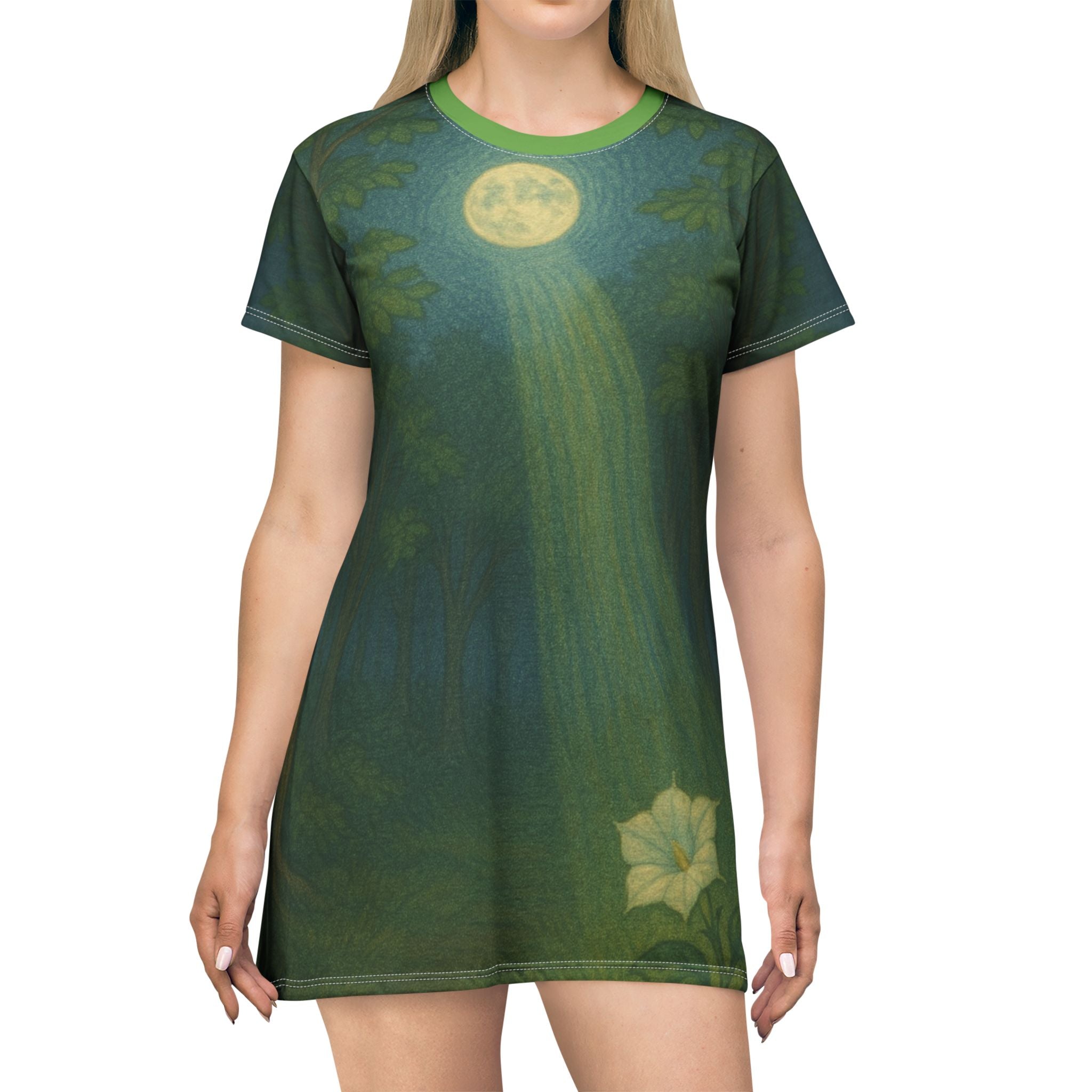 Moonlit Forest T-Shirt Dress, Bohemian Style, Eco-Friendly Fashion, Casual Summer Wear, Gift for Nature Lovers