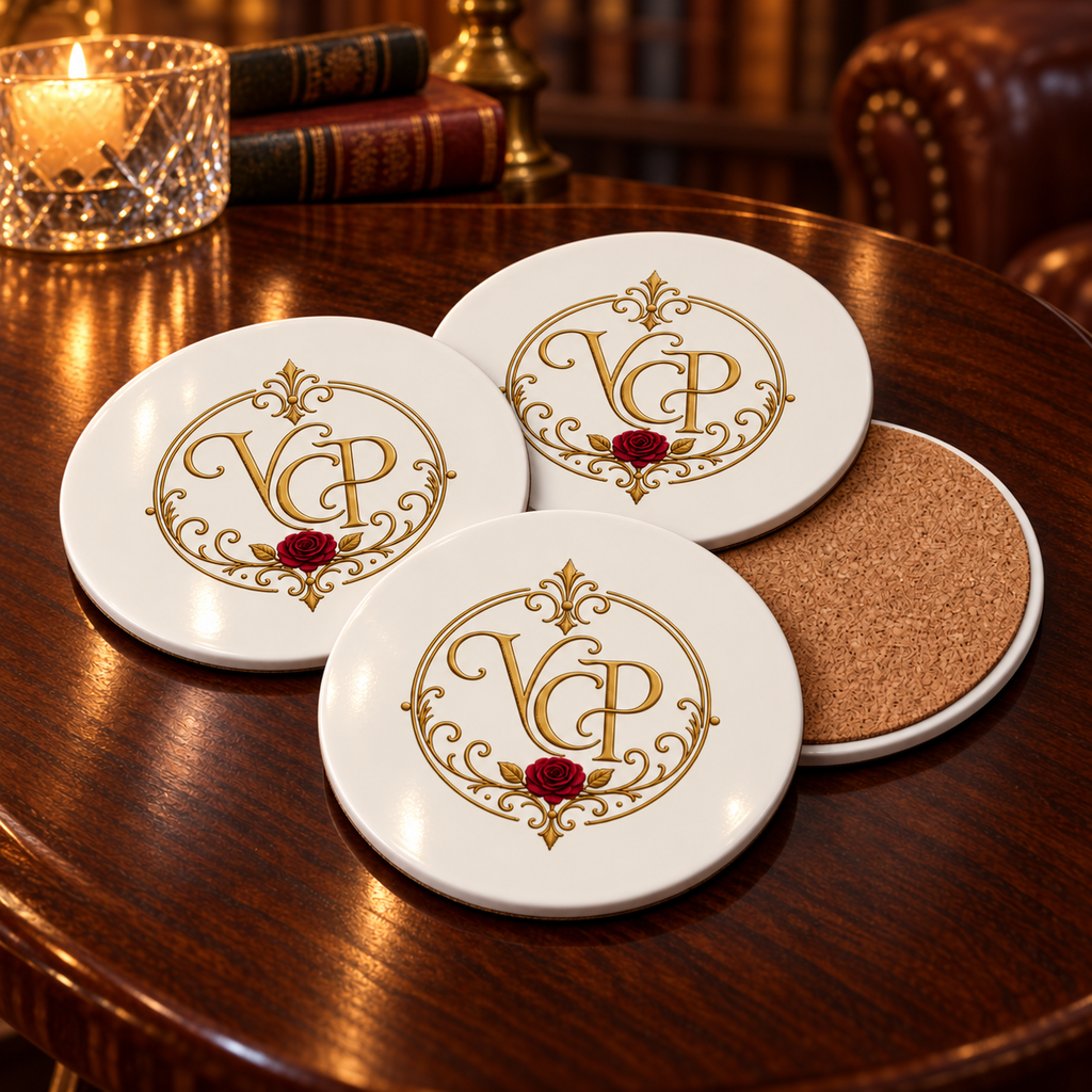 Monogrammed Cork Coaster — Elegant Gold VCP Initials with Red Rose