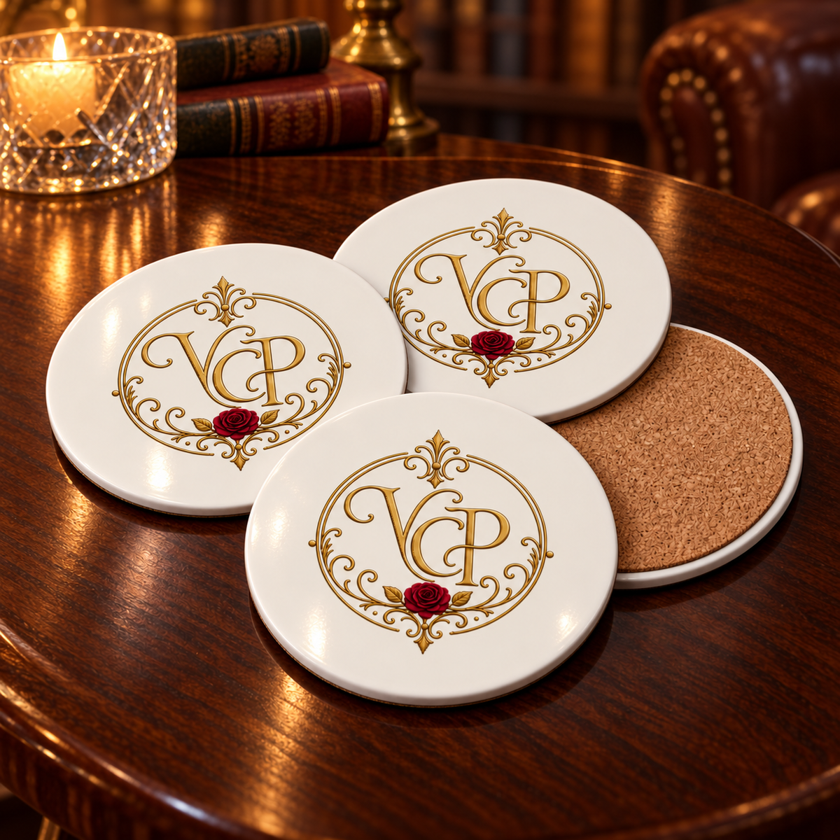 Monogrammed Cork Coaster — Elegant Gold VCP Initials with Red Rose