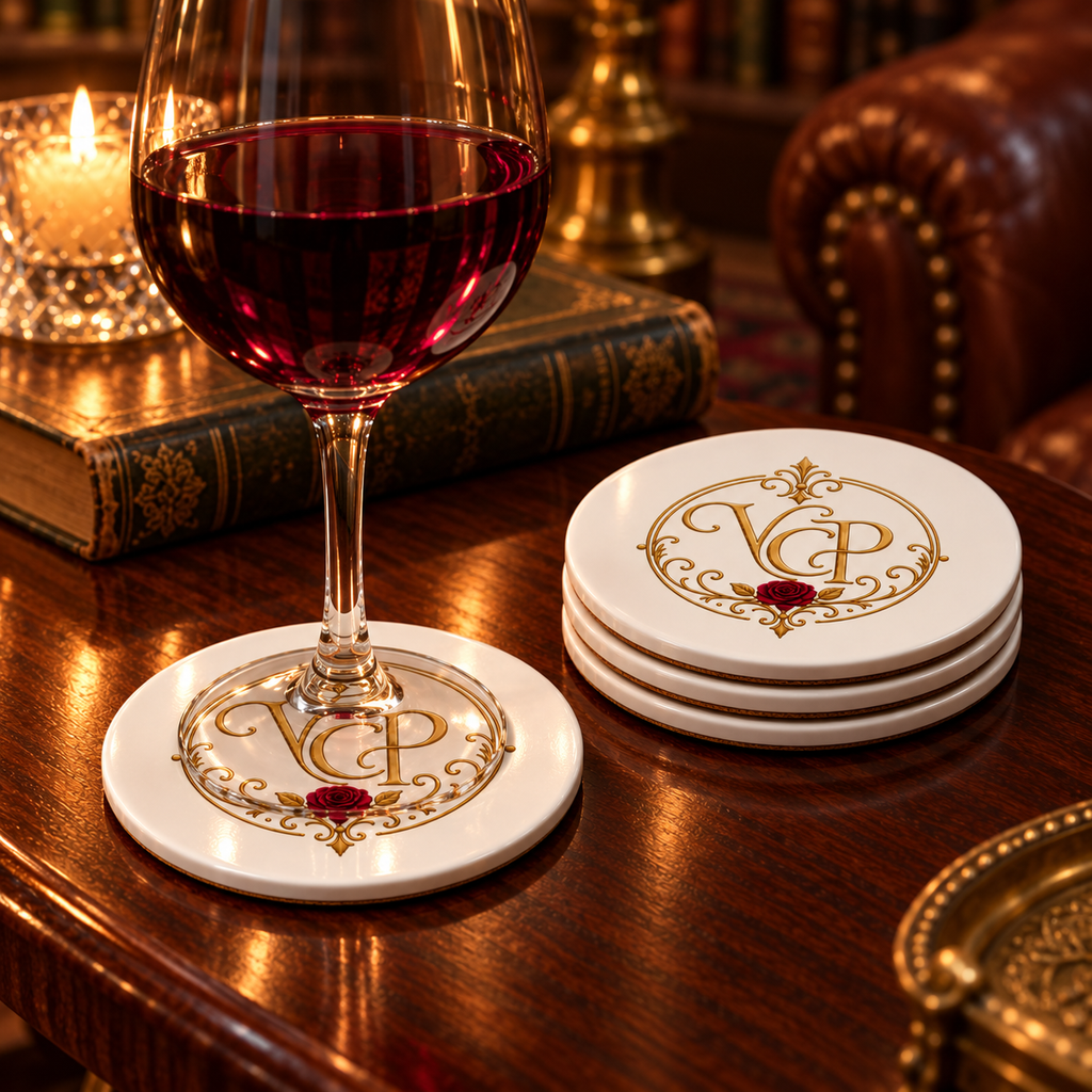 Monogrammed Cork Coaster — Elegant Gold VCP Initials with Red Rose
