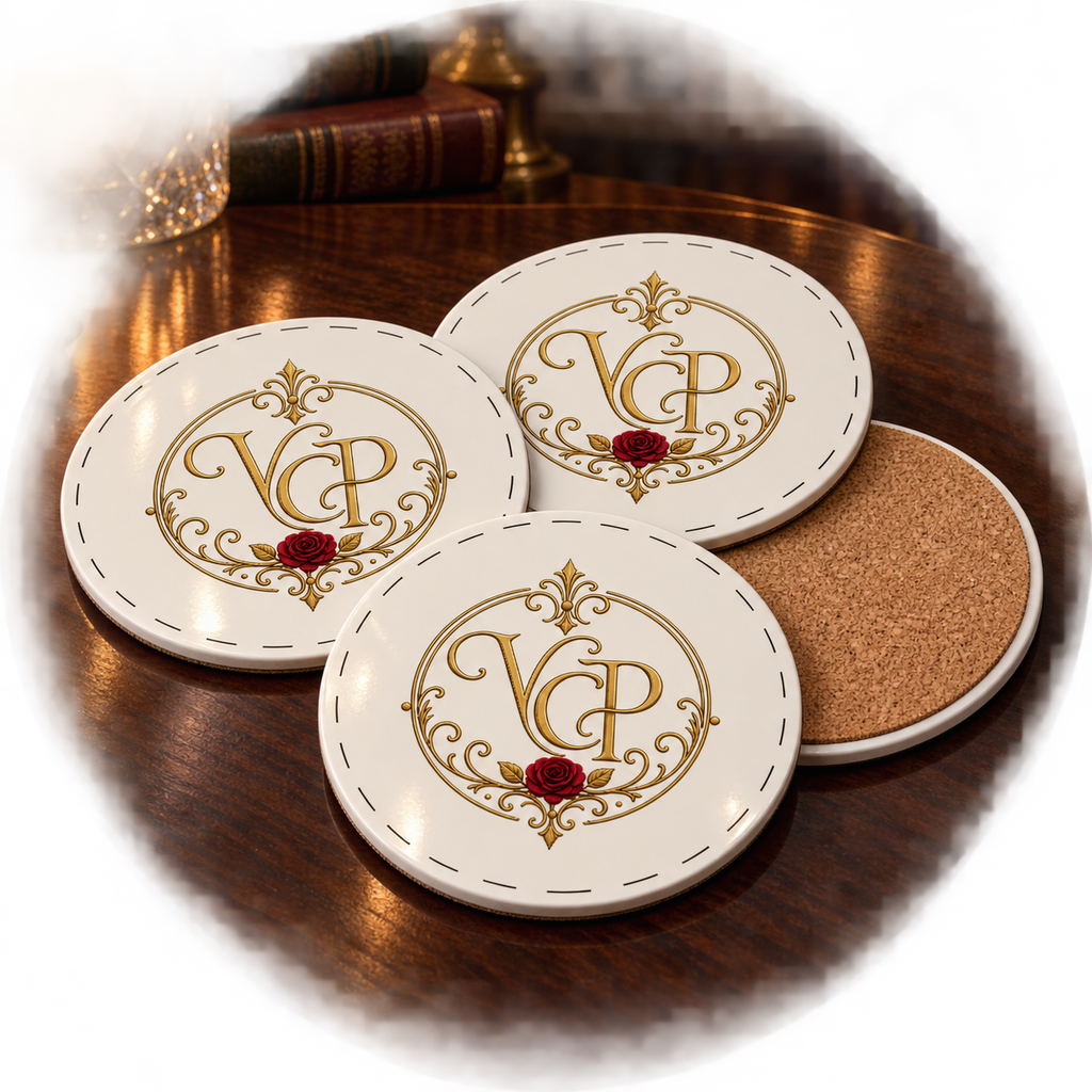 Monogrammed Cork Coaster — Elegant Gold VCP Initials with Red Rose