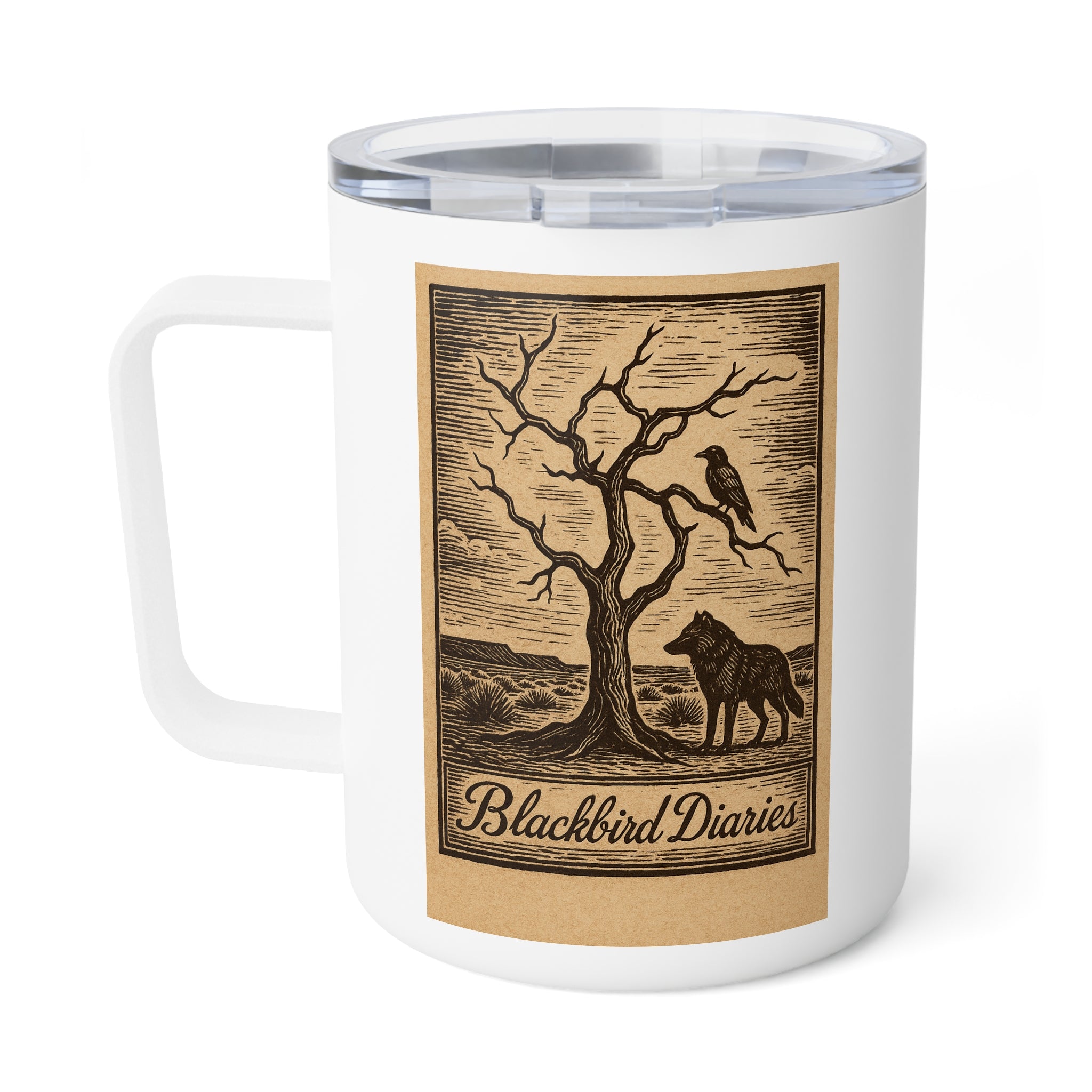 Blackbird Diaries Woodcut Art Style Insulated Coffee Mug, 10oz