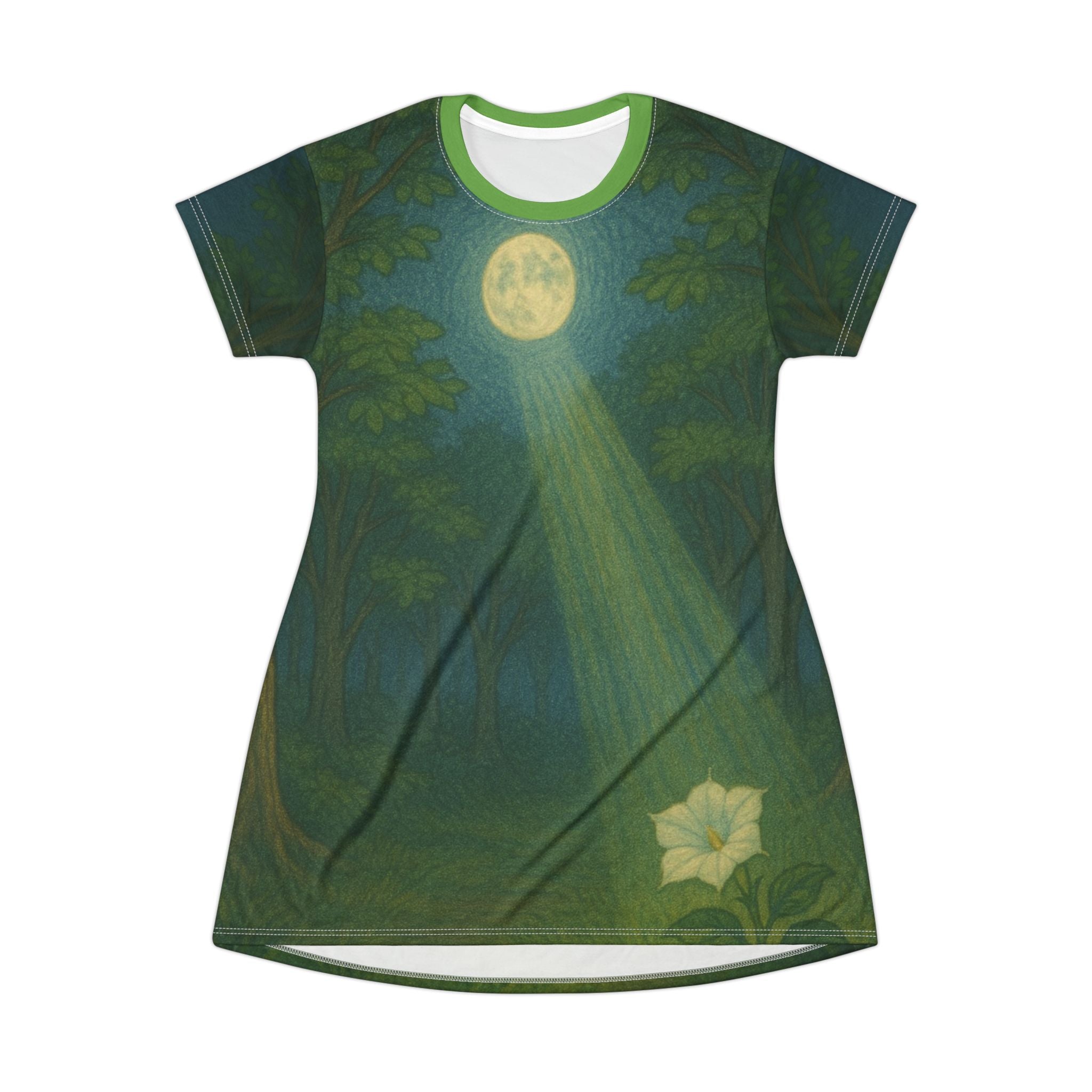 Moonlit Forest T-Shirt Dress, Bohemian Style, Eco-Friendly Fashion, Casual Summer Wear, Gift for Nature Lovers