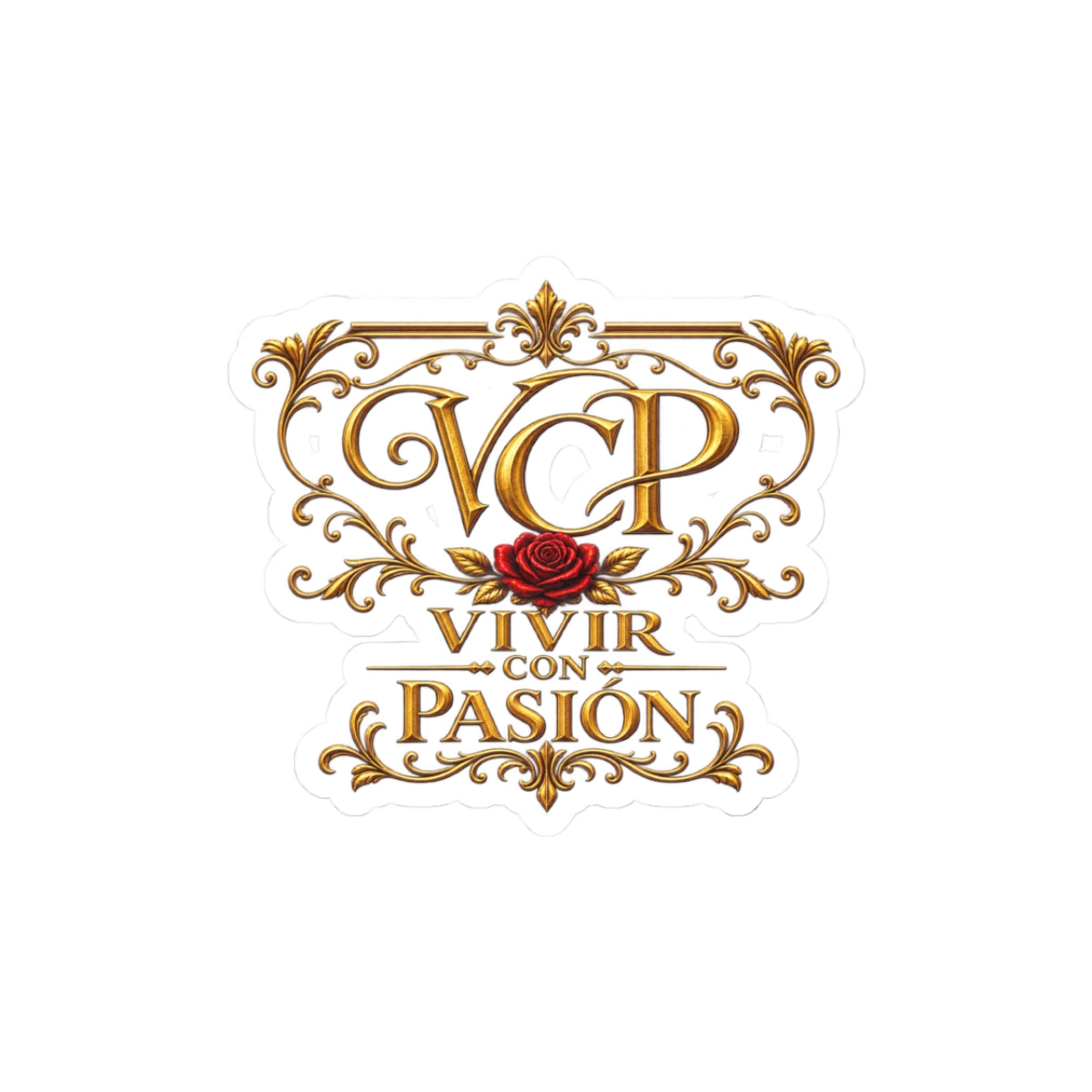 Kiss-Cut Sticker — "Vivir con Pasión" Gold Crest with Rose (Laptop, Planner, Gift)