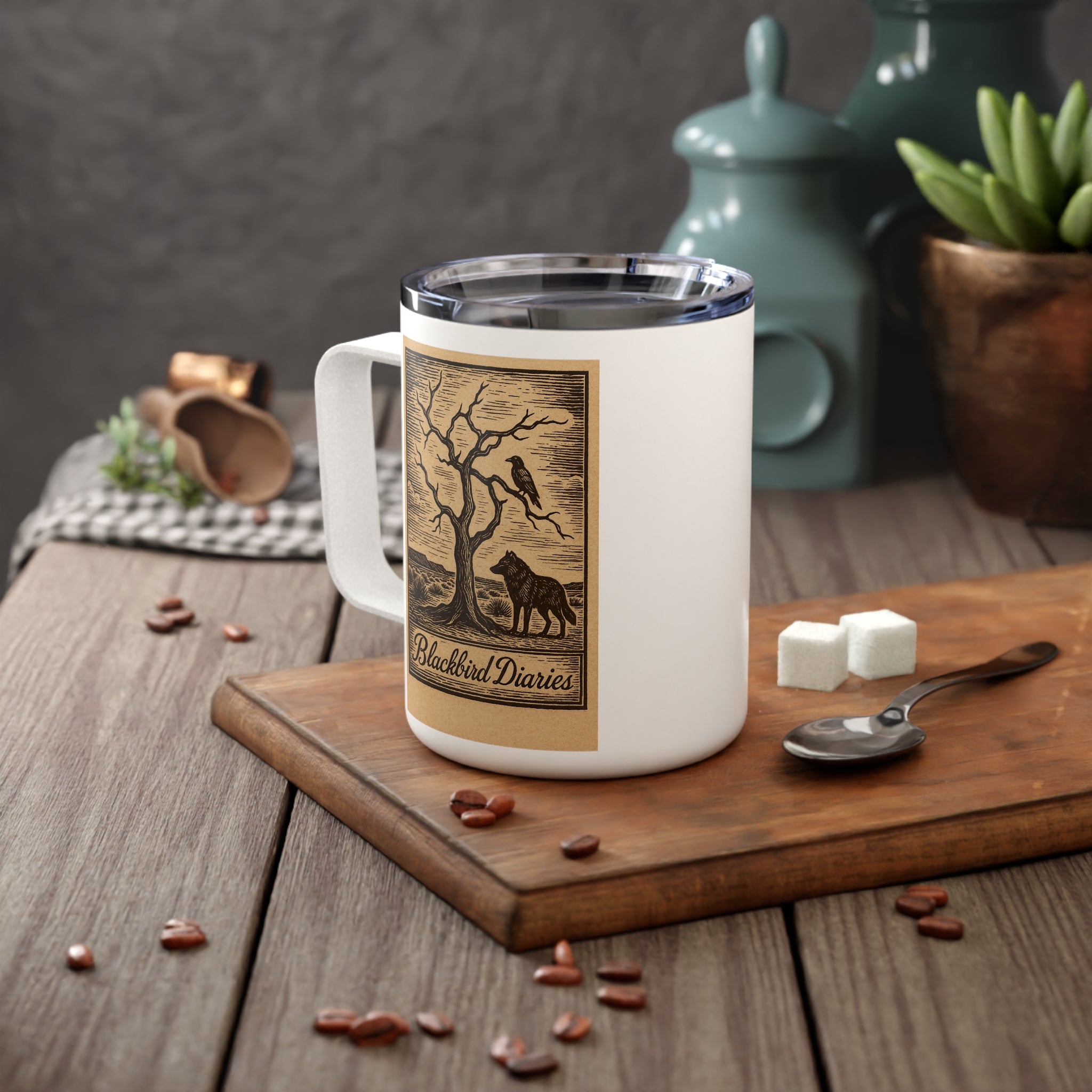 Blackbird Diaries Woodcut Art Style Insulated Coffee Mug, 10oz