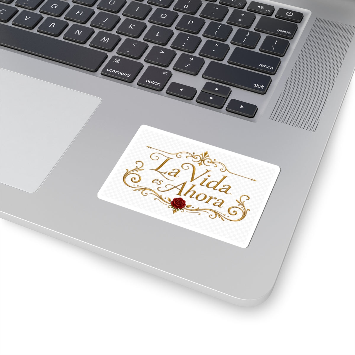 La Vida es Ahora Kiss-Cut Sticker — Elegant Gold Script with Red Rose