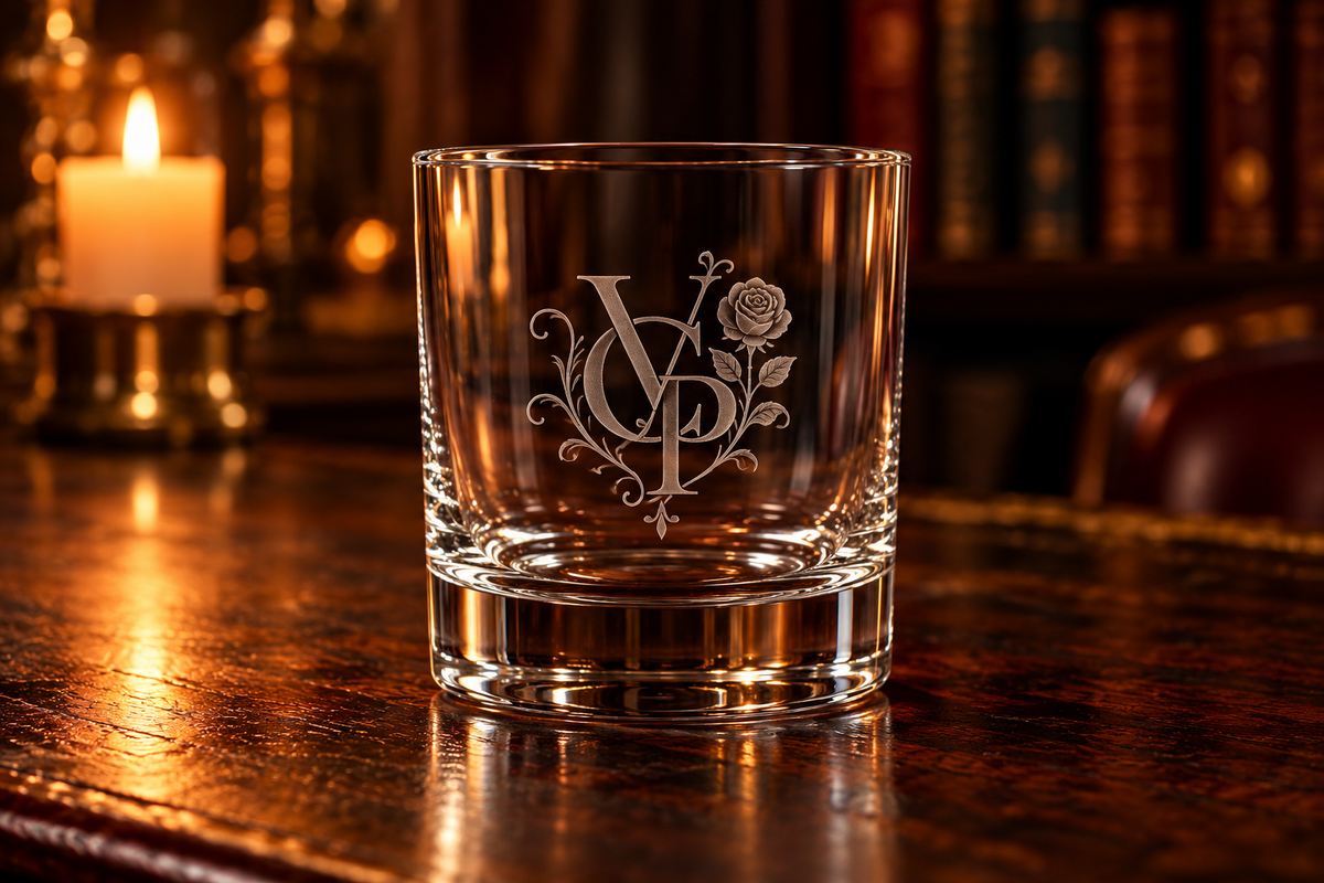 Vivir con Pasión Engraved Whiskey Glass Glass 10.5oz — Monogram Rocks Glass
