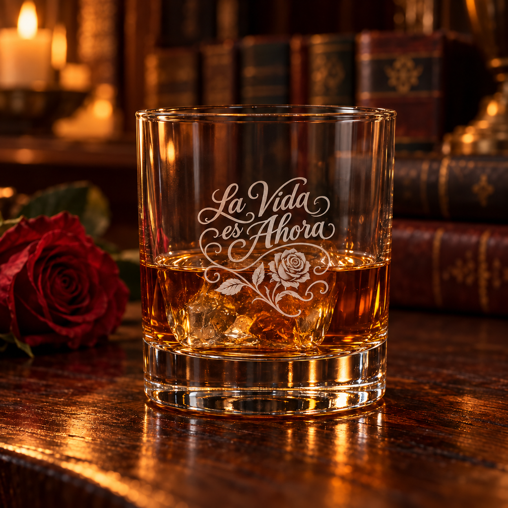La Vida es Ahora Rose Engraved Whiskey Glass
